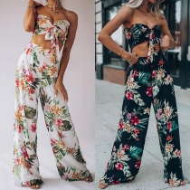 Bohemia Style Floral Printed Two-piece Set Consist of Self-tie Bandeau and Wide-leg Pants