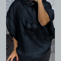 Fashion Black Drawstring Flannel Cape Sweater