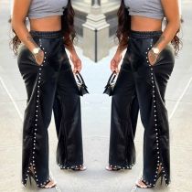 Street Fashion Rivet Slit Wide-leg Artificial Leather PU Pants