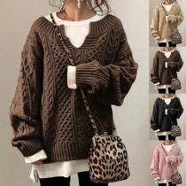 Fashion Solid Color V-neck Long Sleeve Knitted Sweater