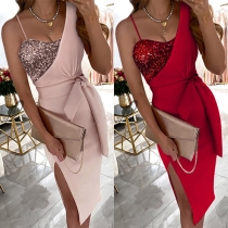 Sexy Bling-bling Contrast Color Asymmetrical Self-tie Slit  Party Dress