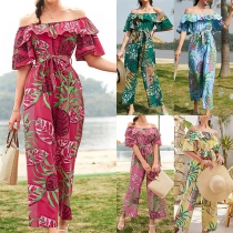 Bohemia Style Floral Printed Off-the-shoulder Short Sleeve Wide-leg Jumpsuit