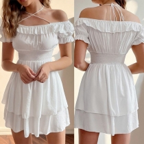 Sexy Ruffled Off-the-shoulder Smocked Halter White Dress