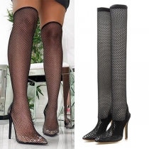 Street Fashion Pointed Toe High-heeled Over-the-knee Net Boots