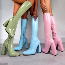 Side Zipper Solid Color Chunky Heel High Heel Boots