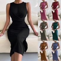 Elegant Solid Color Round Neck Sleeveless Self-tie Slit Bodycon Dress