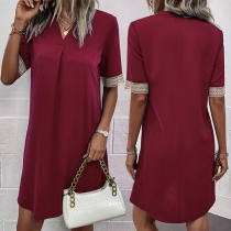 Casual Lace Spliced Short Sleeve V-neck Mini Dress