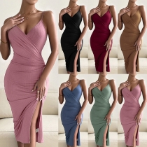 Sexy Solid Color V-neck Ruched Slit Bodycon Ribbed Slip Dress