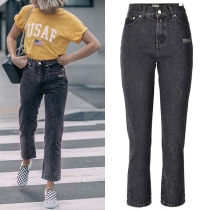 Street Fashion Old-washed High-rise Letter Printed Jeans