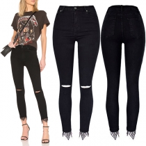 Street Fashion Ripped Black Skinny Jeans with Lace Spliced