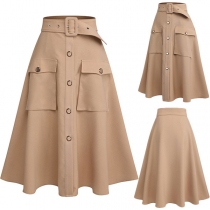 Elegant Solid Color Patch Pocket Buttoned High-rise Skirt with Belt