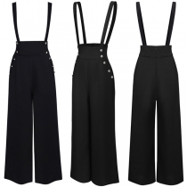 Fashion Solid Color Buttoned  High-rise Wide-leg Suspender Pants