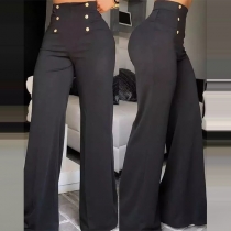 Fashion Solid Color Buttoned  High-rise Wide-leg Suspender Pants