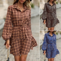 Casual Houndstooth Printed Stand Collar Drawstring Dress