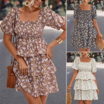 Bohemian Style Floral Printed Square Neck Puff Short Sleeve Tiered Dress