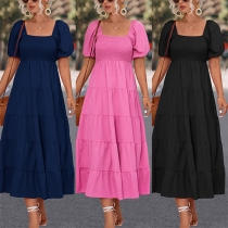 Fashion Solid Color Square Neck Puff Short Sleeve Smocked Tiered Dress