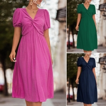 Fashion Solid Color Knik-knot V-neck Short Sleeve Dress