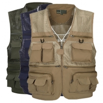 Fashion Sleeveless V-neck Multi-pockets Net-mesh Spliced Man's Vest