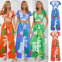 Bohemian Style Floral Printed Two-piece Set Consist of V-neck Crop Top and Wide-leg Pants