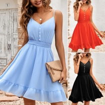 Fashion Solid Color V-neck Smocked Slip Dress