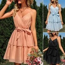 Sweet Style Solid Color V-neck Self-tie Tiered Slip Dress