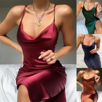 Sexy Solid Color Draped Neck Slit Satin Slip Dress