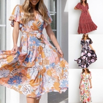 Fashion Floral Printed Short Sleeve V-neck Self-tie Tiered Dress