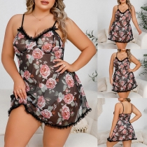 Sexy Semi-through Lace Spliced Printed Plus-size Pajama Dress