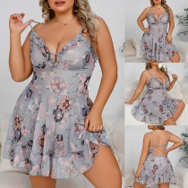 Sexy Semi-through Lace Spliced Printed Ruffled Plus-size Pajama Dress
