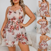 Sexy Semi-through Lace Spliced Printed Ruffled Backless Plus-size Pajama Dress