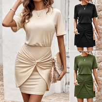 Fashion Solid Color Round Neck Short Sleeve Twisted-Knot Bodycon Dress