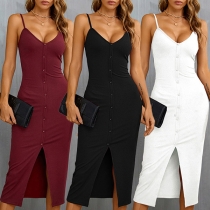 Sexy Solid Color Buttoned V-neck Slit Bodycon Slip Dress