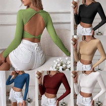 Sexy Solid Color Round Neck Long Sleeve Backless Crop Shirt