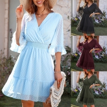 Casual Swiss-dot Solid Color V-neck Elbow Sleeve Dress