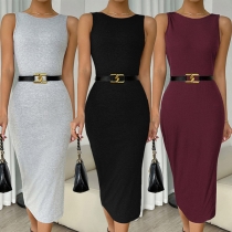 Fashion Solid Color Round Neck Sleeveless Backless Bodycon Dress