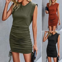 Fashion Solid Color Round Neck Sleeveless Side Drawstring Bodycon Dress