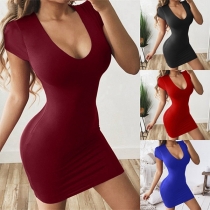 Casual Solid Color V-neck Short Sleeve Bodycon Dress