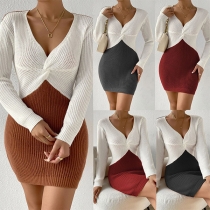 Fashion Contrast Color V-neck Twisted Knot Long Sleeve Bodycon Dress