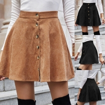 Fashion Solid Color Buttoned High-rise Corduroy Skirt