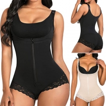 Body Shaping Bodysuit with Tummy Control, Butt Lifting, Triangle Zipper and Lace Spliced Hemline