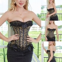 Sexy Lace Spliced Leopard Print Strapless Lace-up Corset Shirt