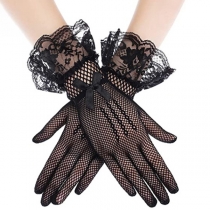 Bridal Full Finger Fishnet Gloves with Lace Trim