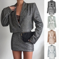 Fashion Bling-bling Two-piece Set Consist of Notch Lapel Blazer and Skirt