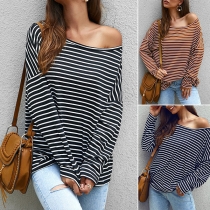 Casual Contrast Color Stripe Printed One-shoulder Long Sleeve Shirt