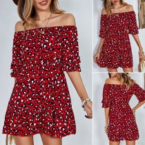 Fashion Off-the-shoulder Short Sleeve Red Printed Dress