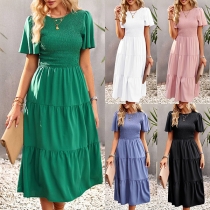 Fashion Solid Color Round Neck Short Sleeve Smocked Tiered Dress