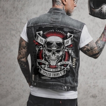 Fashion Old-wash Skull Printed Denim Vest for Men