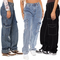 Loose Fit Wide Leg Denim Cargo Pants with Multiple Pockets and Elastic Waist