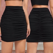 Fashion Solid Color Ruched Black Skirt