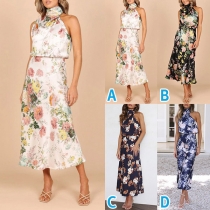 Fashion Floral Printed Halterneck Sleeveless Midi Dress